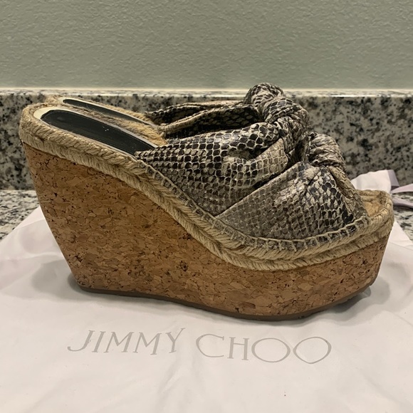 Jimmy Choo Shoes - Jimmy Choo Snakeskin Knot Platform Wedge, size 8.5